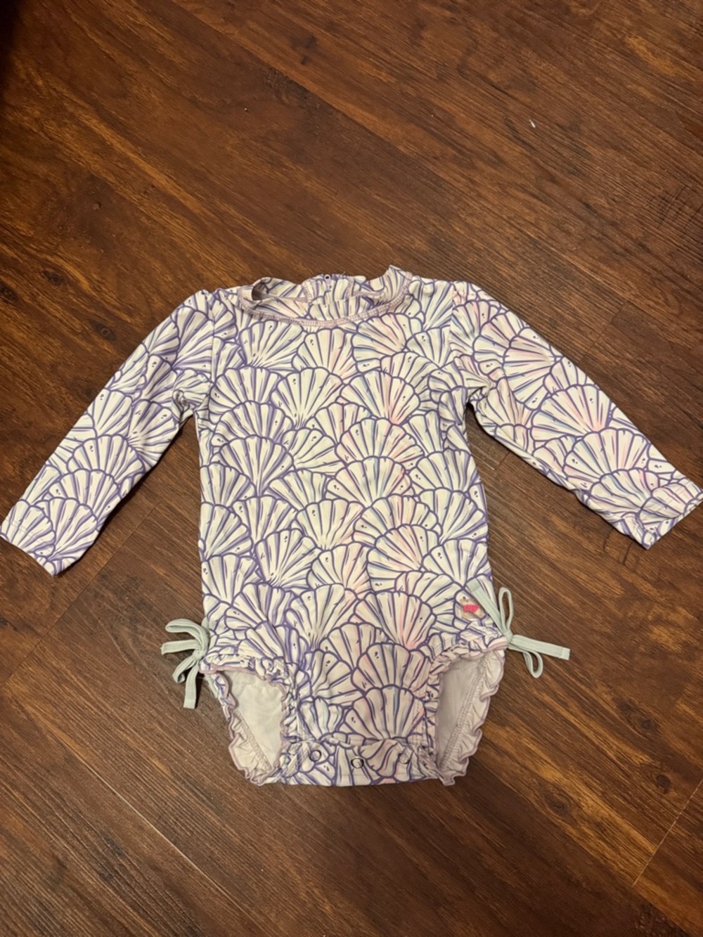 Ruffle Butts Purple and Pink Shell-Print Kids Rashguard